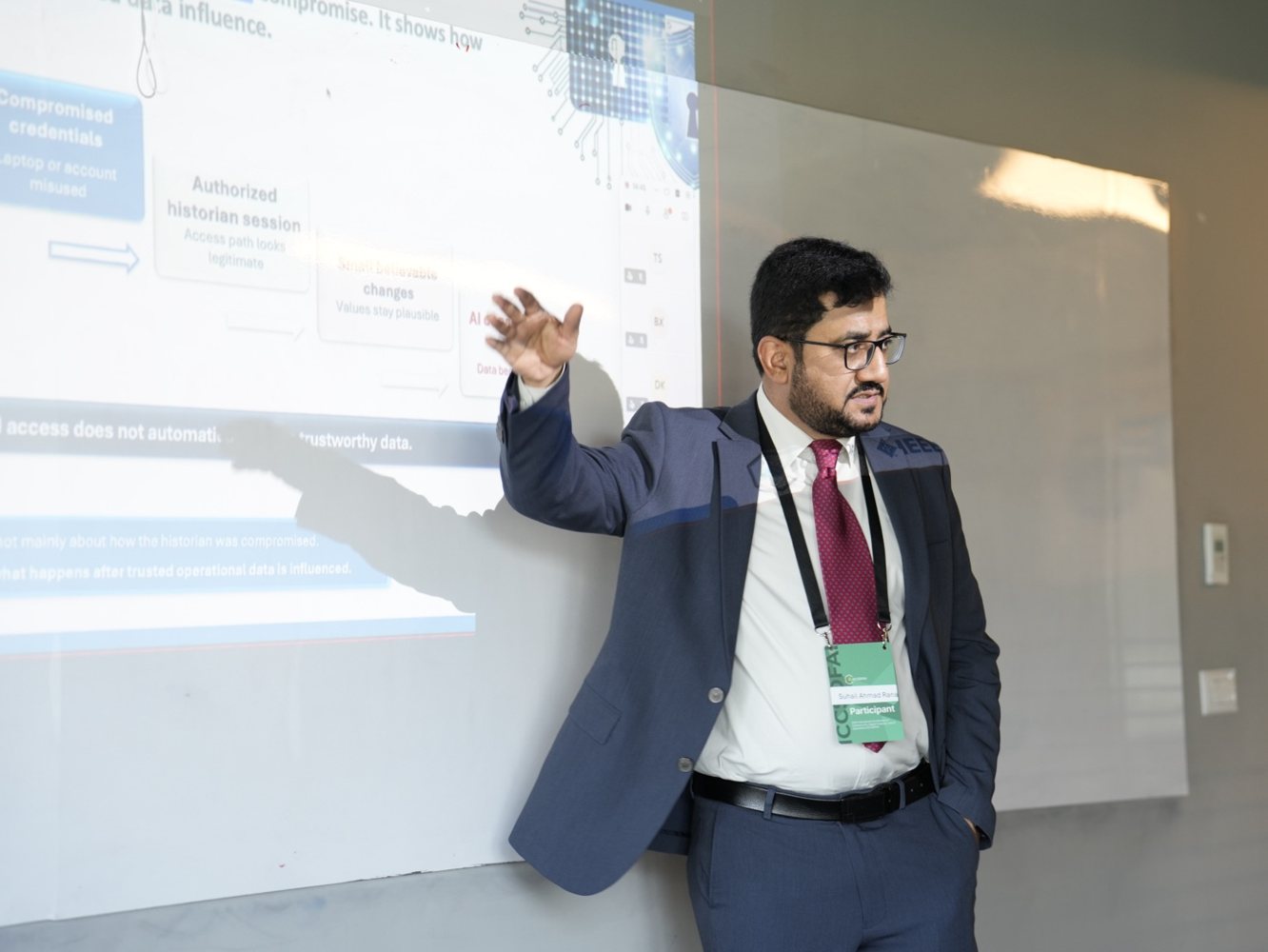 Suhail Ahmad Rana presenting research on OT connected agentic AI risk at ICCSDFAI 2026